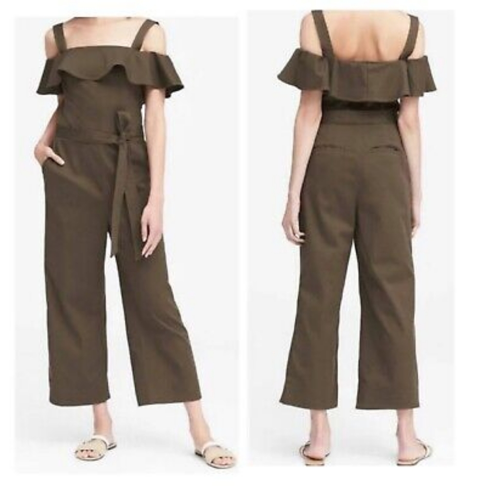 Banana Republic Olive Green Twill Off-the-shoulder Cropped Jumpsuit